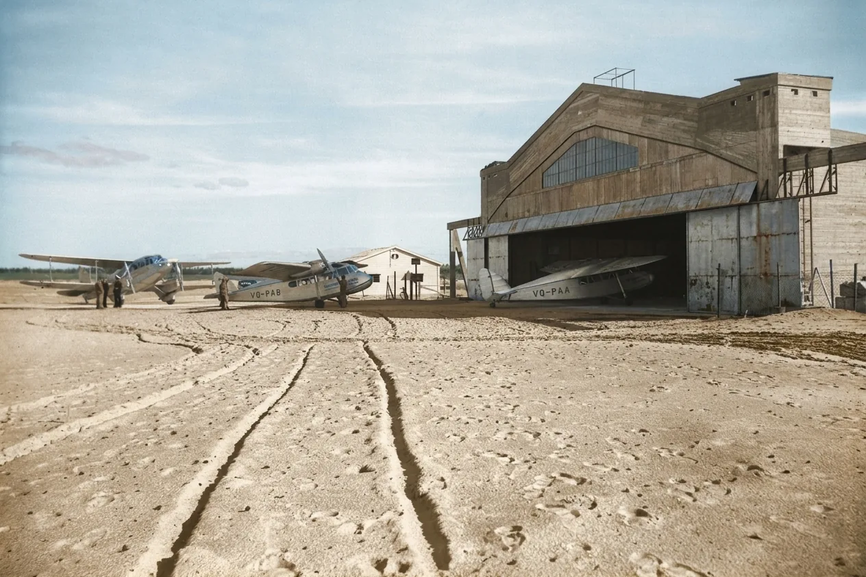 The main hangar at the Dov Hoz airfield near Tel Aviv, 1938