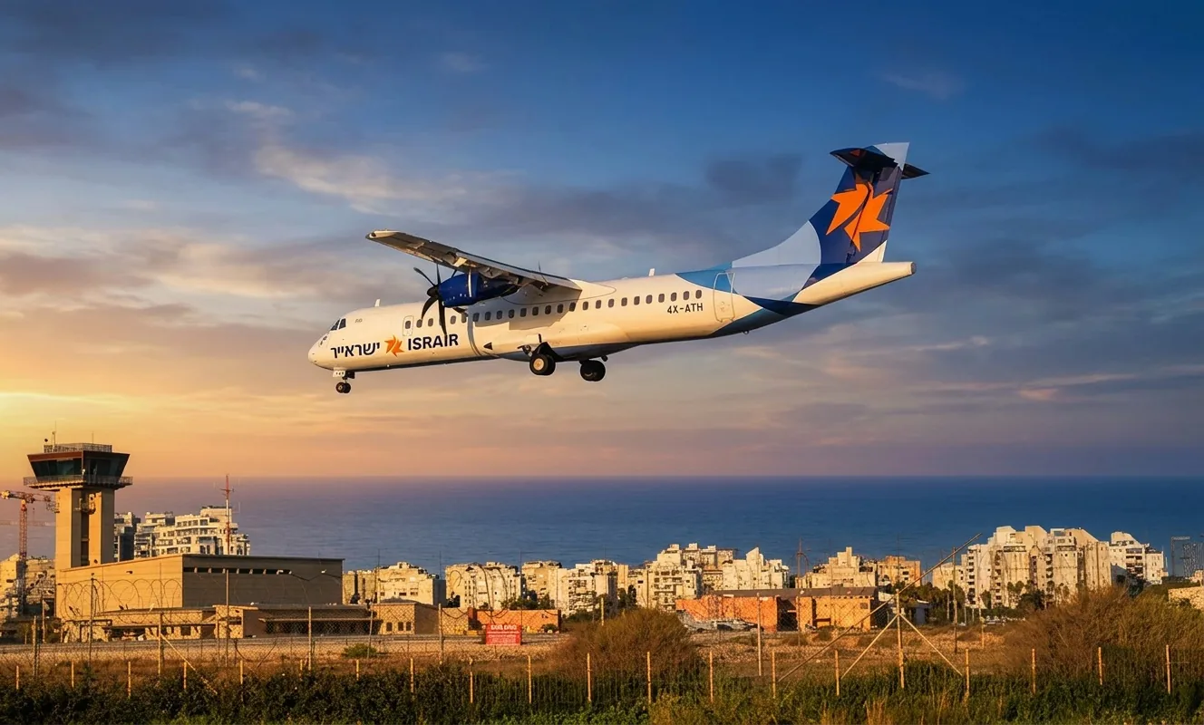 An Israir turboprop on final approach over Sde Dov with the control tower behind