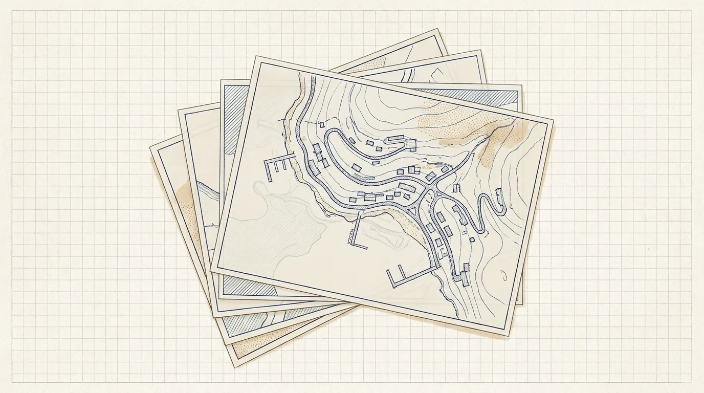 Survey drawing of stacked planning envelopes over a coastal airfield outline, oldest layer faint and newest layer bold
