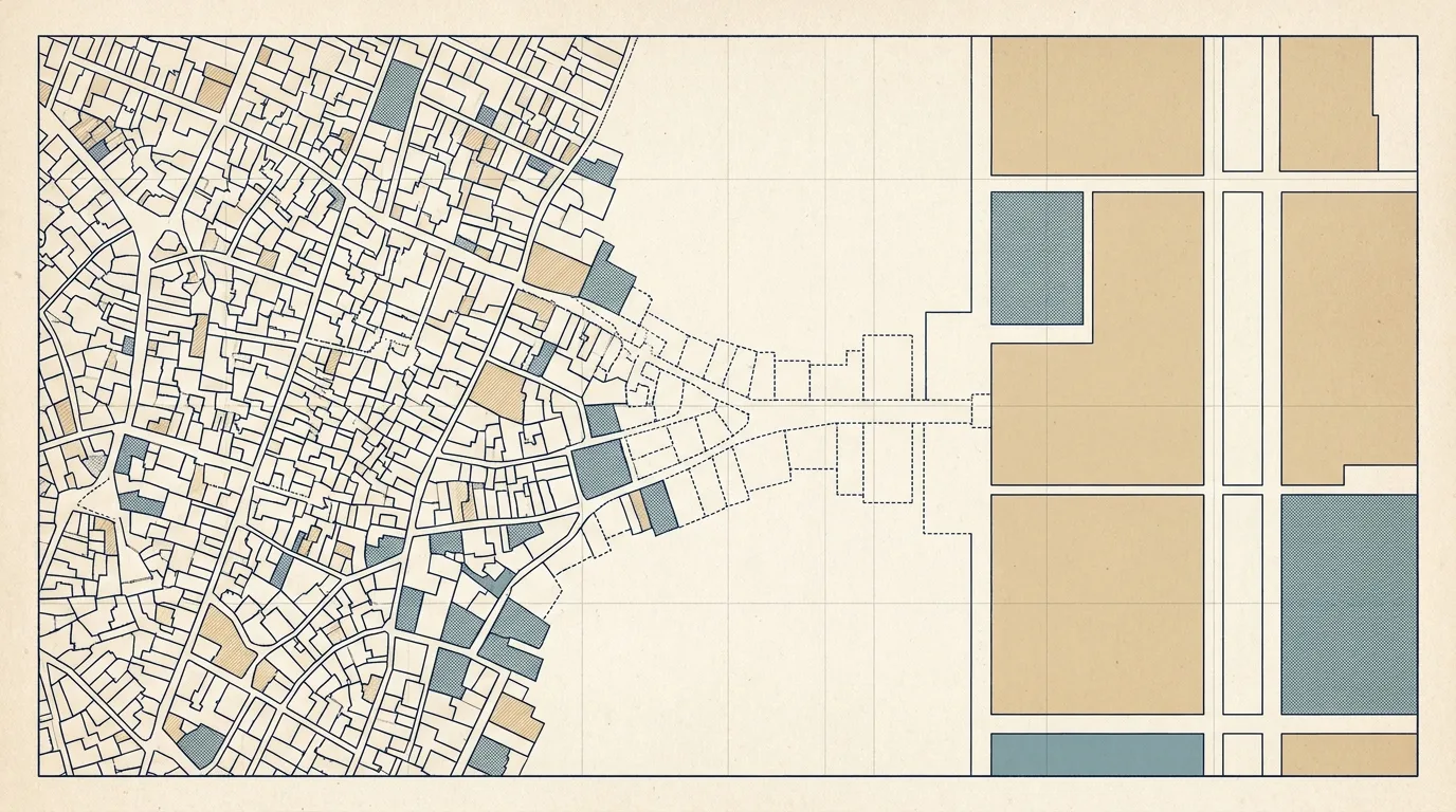 Diagram of hundreds of small land parcels consolidating into a few large blocks