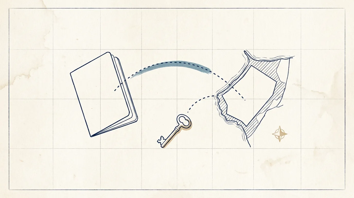 Drawing of a travel document, a key and a coastal plot joined by a dotted line