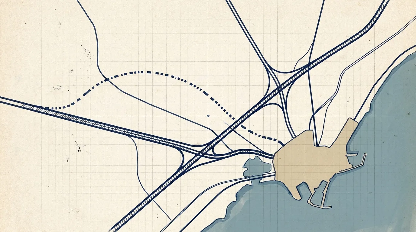 Plan-view drawing of roads, a light-rail line and coastal edge meeting at a former airfield