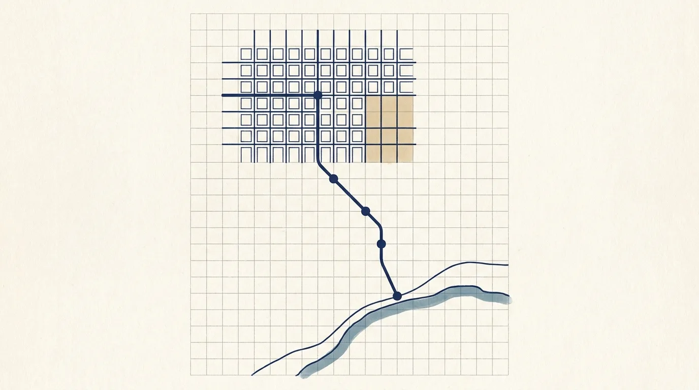 Schematic of a light rail line running from the city grid to the shoreline