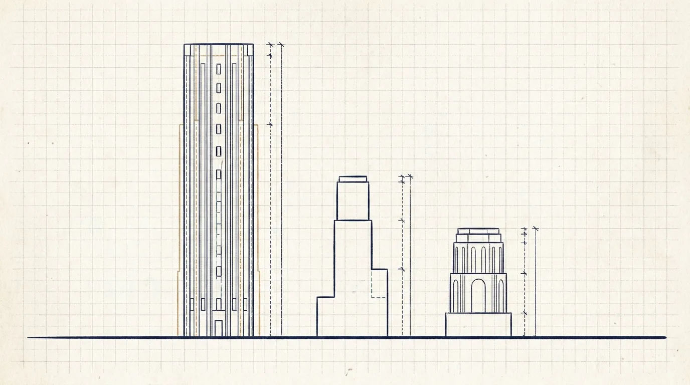 Section drawing showing low street fabric buildings with taller towers set behind them on one district block