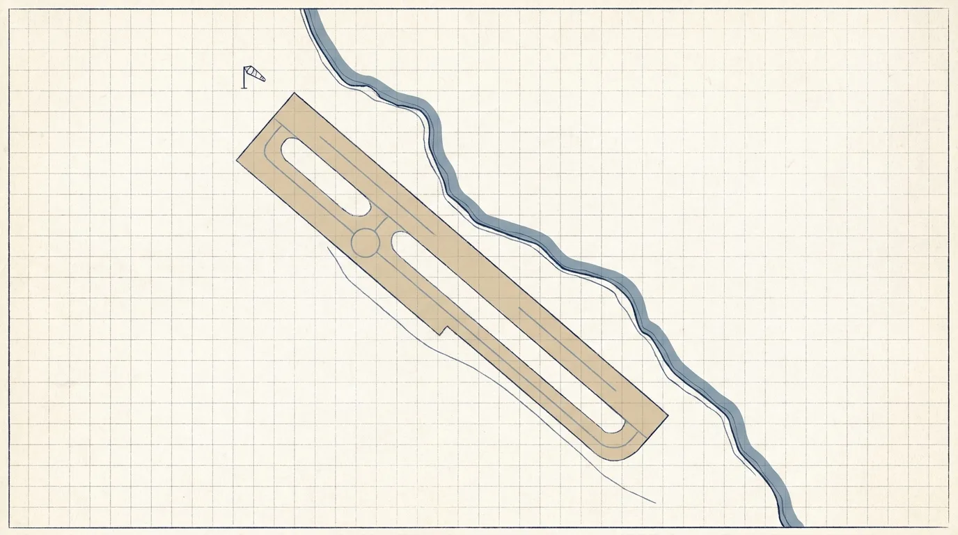 Archival plan drawing of a single coastal runway beside the sea