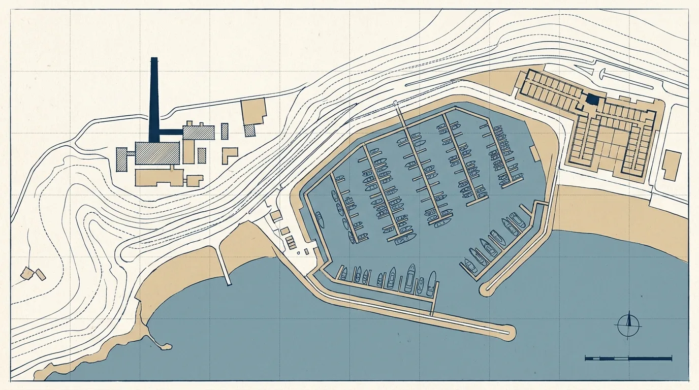Coastal plan showing a marina basin, hotel block and power station chimney
