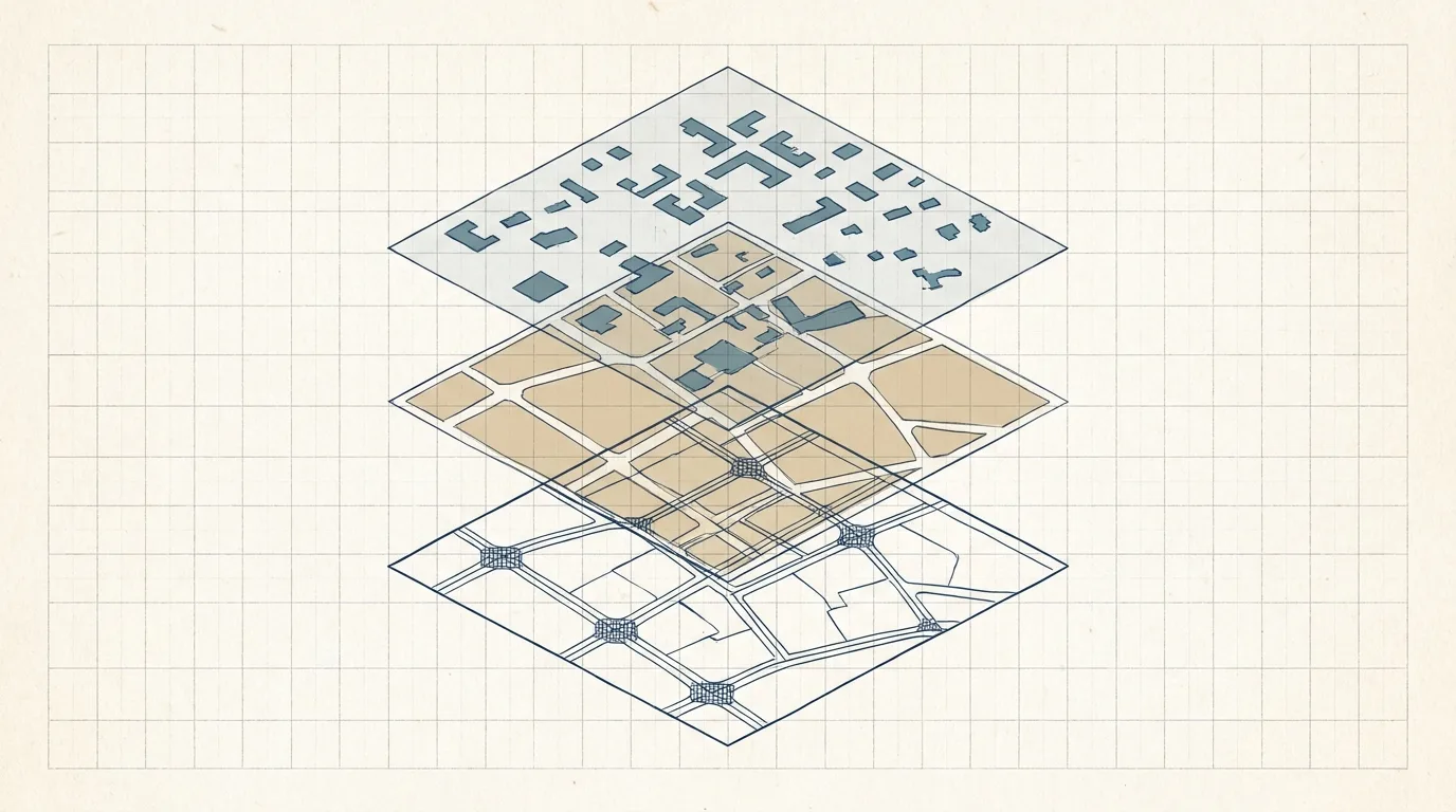 Exploded diagram of a district plan in three stacked layers
