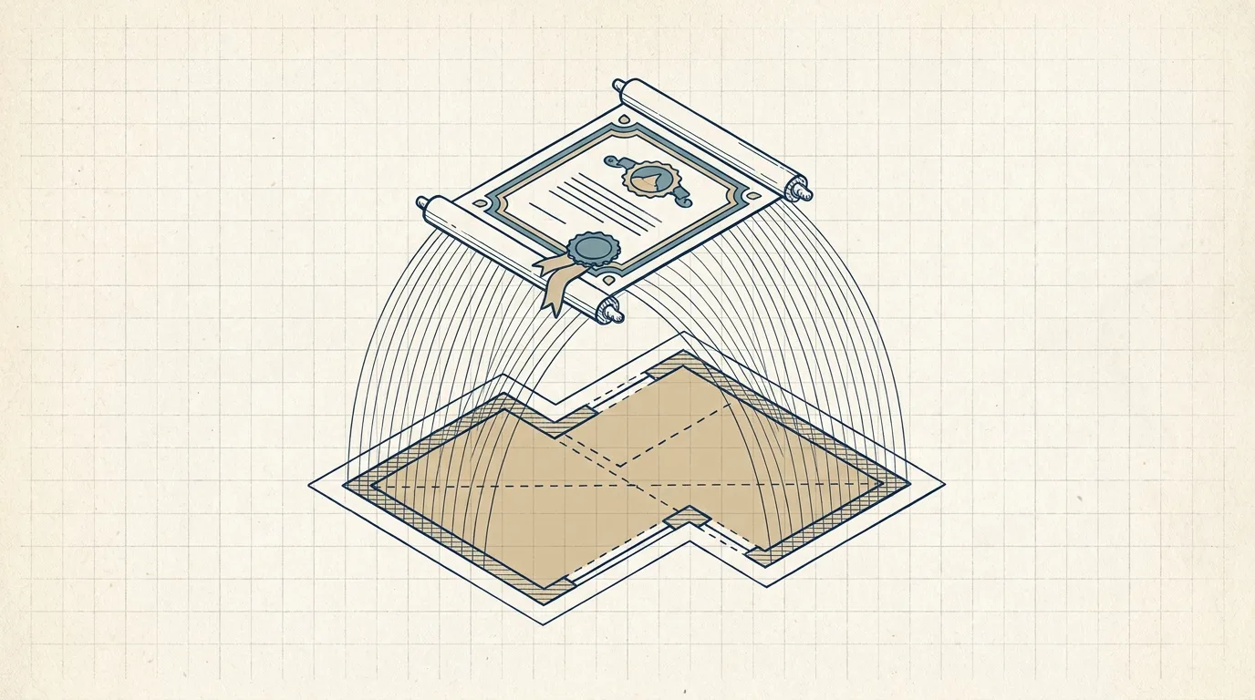 Survey drawing of a payment voucher booklet, a bank guarantee stamp, and a building outline under construction