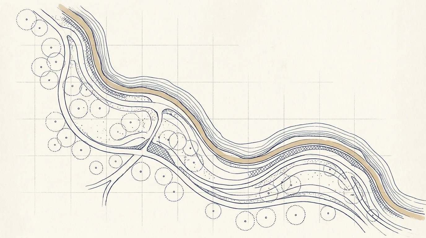 Landscape plan of a coastal park with promenade and tree canopies