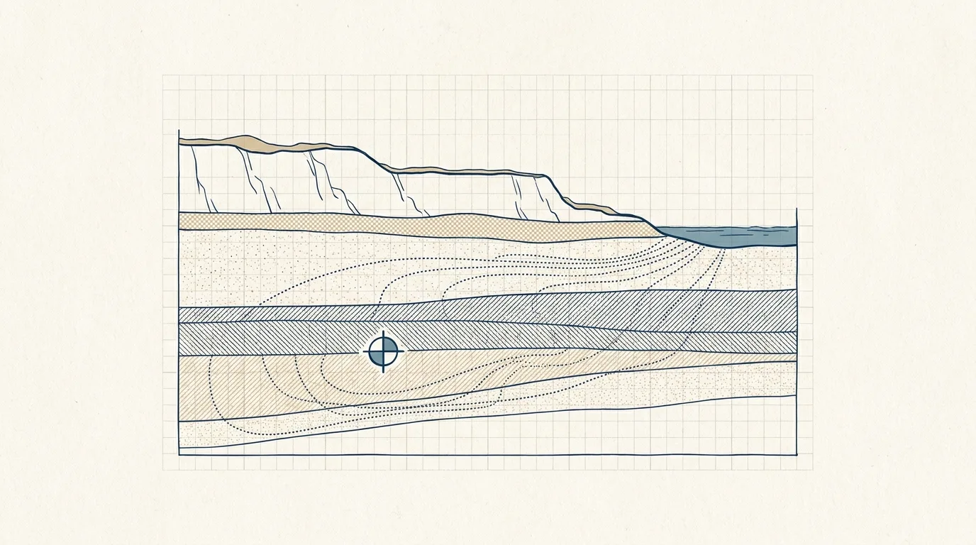Cross-section drawing through soil layers beneath a coastal plot