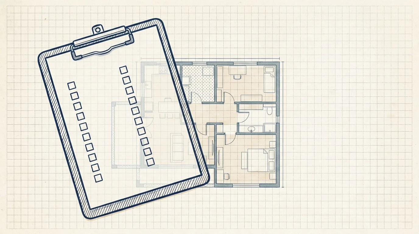 Survey drawing of a checklist overlaid on a tower floor plate and payment schedule