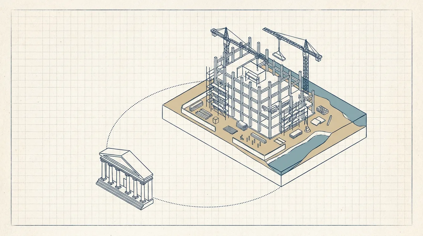 Survey drawing of a bank monitor document overlaid on a tower floor plate and escrow account ledger