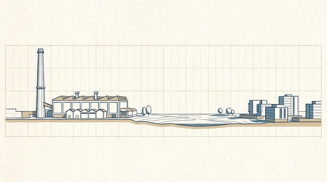 Elevation drawing of a brick power station with chimneys and cylindrical fuel tanks beside a planned residential grid