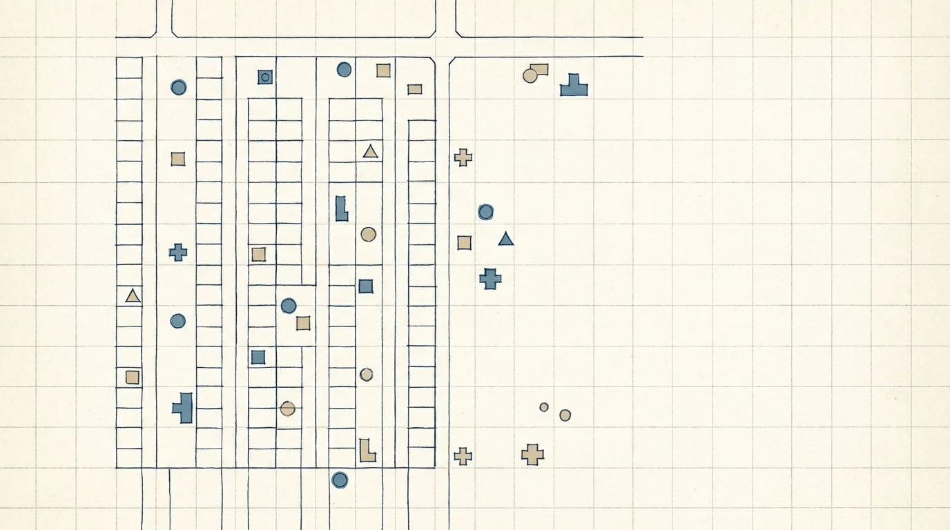 Plan drawing of a school block, clinic footprint and shop fronts at street level beside residential towers