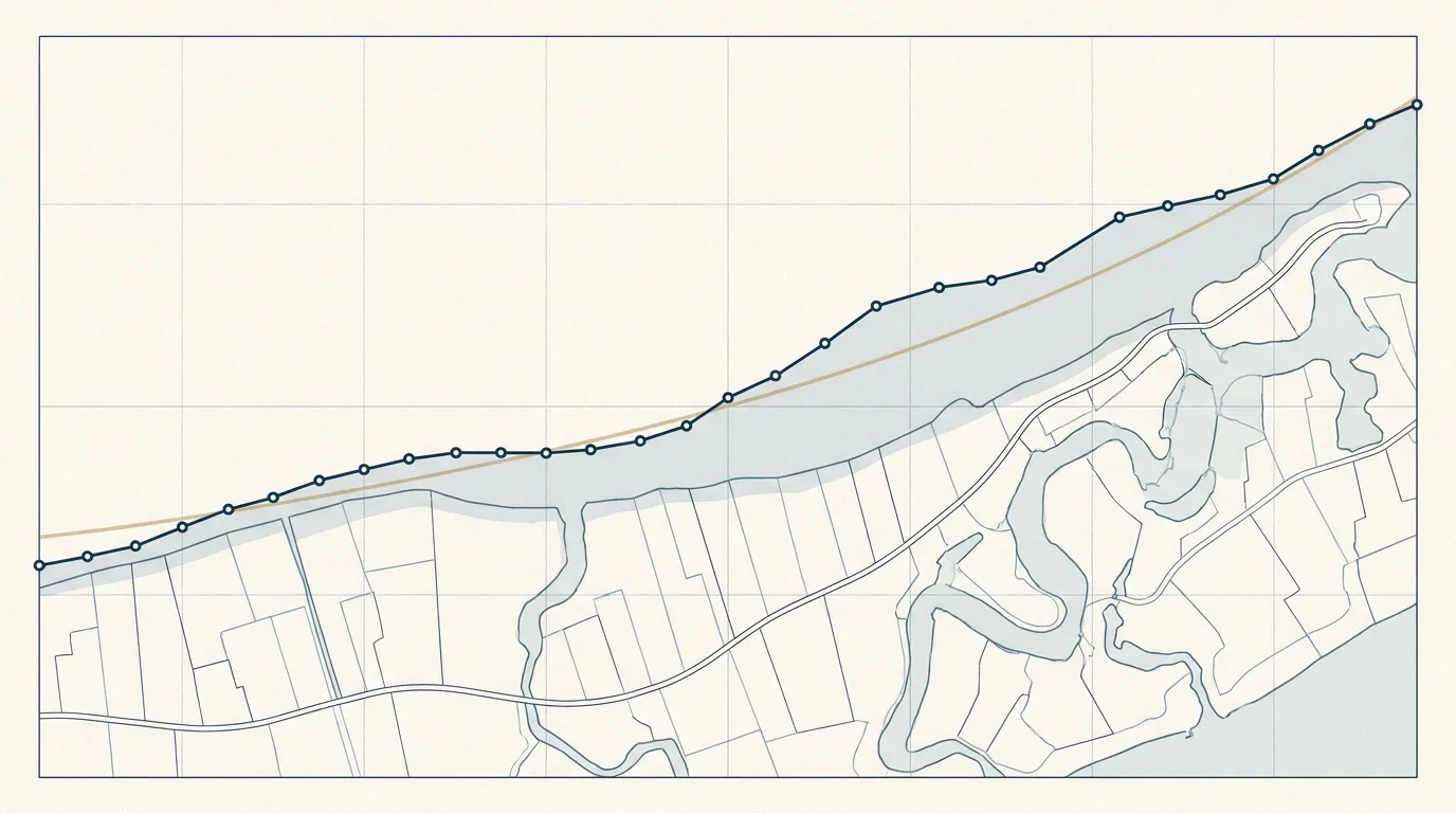 Line chart rising over a faint plan of coastal parcels