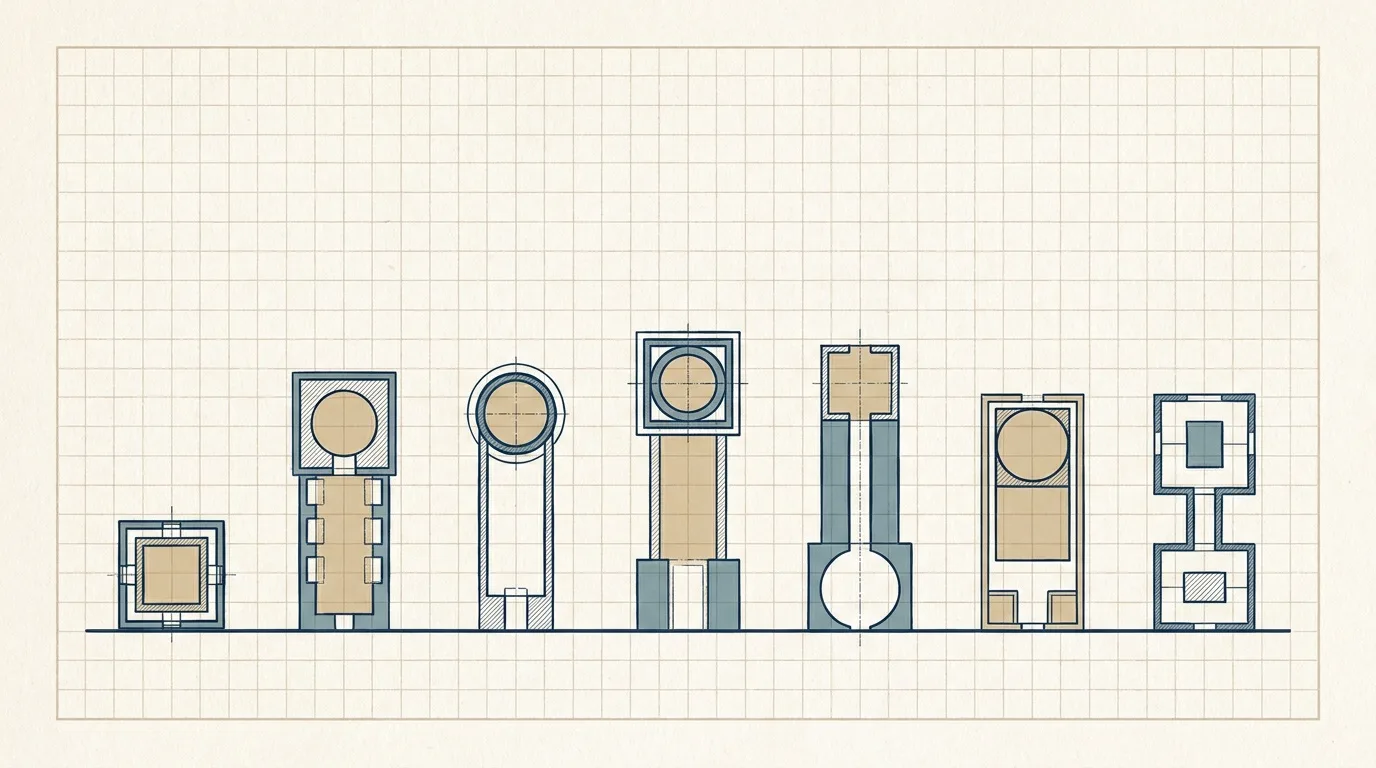 Elevation drawing of seven tower footprints of different heights in a row
