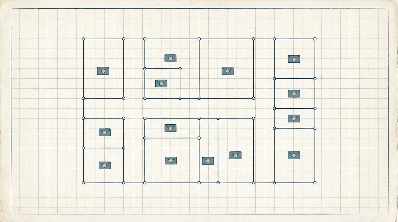 Drawing of numbered land plots with sealed bid envelopes placed on several