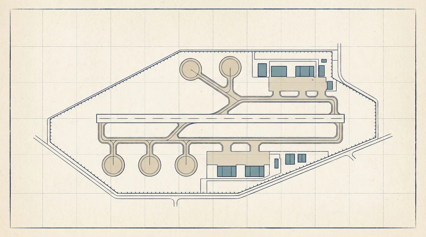 Survey drawing of a coastal runway with military aircraft silhouettes at three dated positions along its length