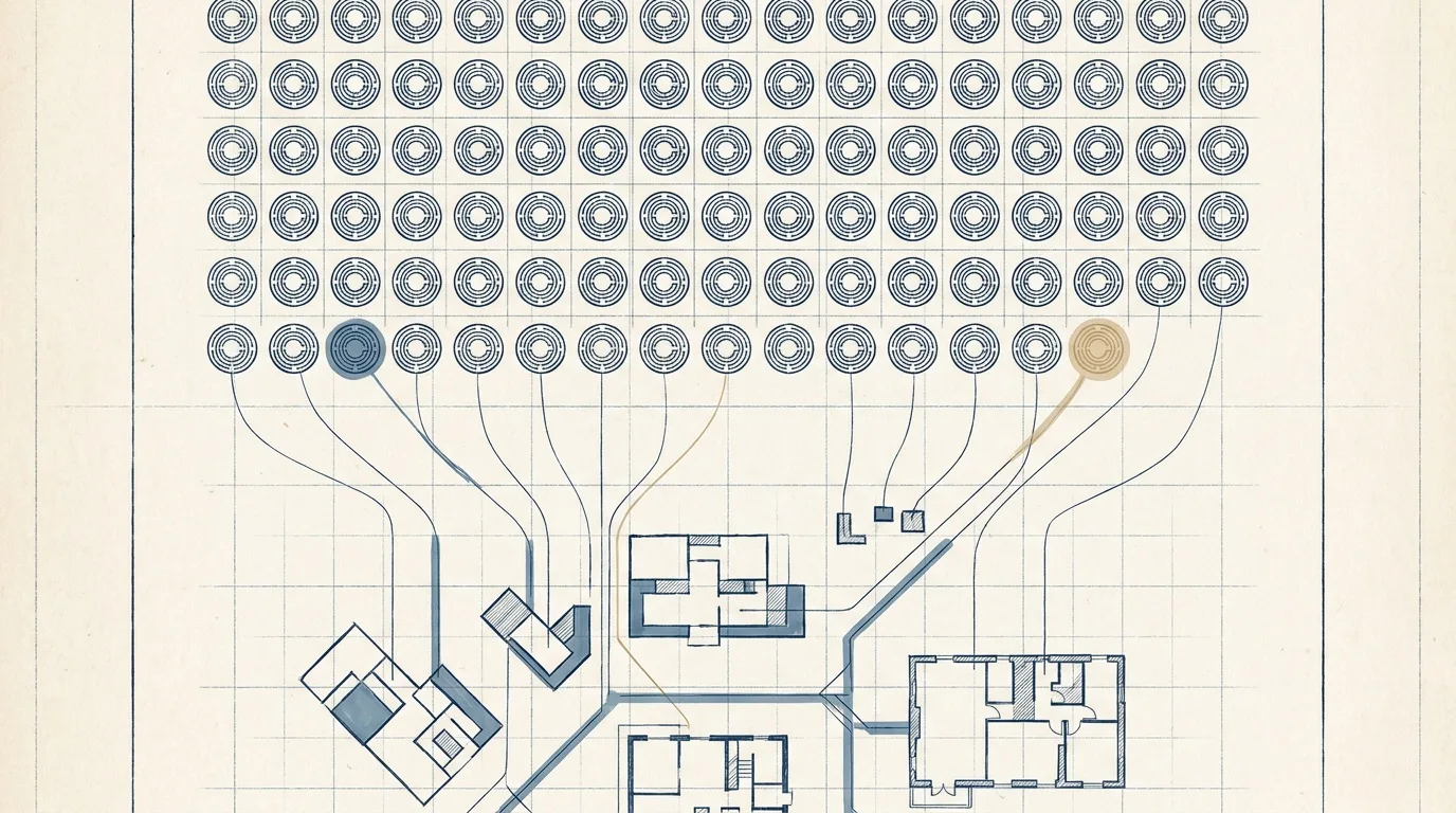 Survey drawing of seventeen labeled parcels with only seven highlighted as active tower footprints