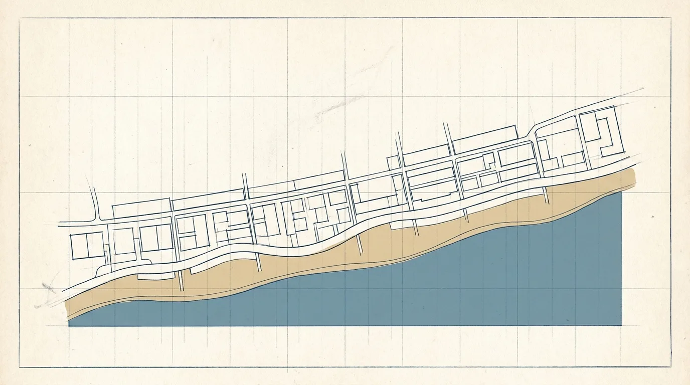 Plan drawing of a public beach strip, promenade and tower footprints stepped behind a coastal edge