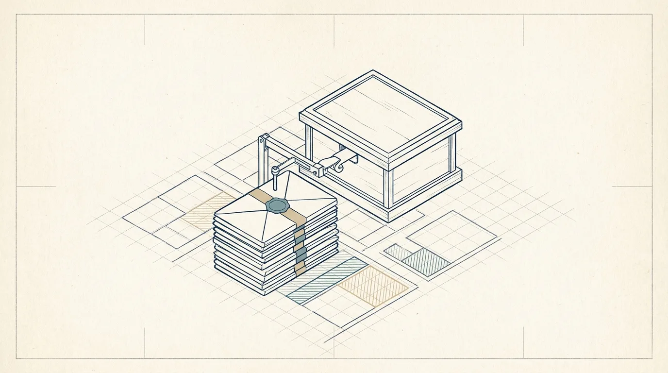 Survey drawing of sealed bid envelopes stacked beside a numbered state land plot