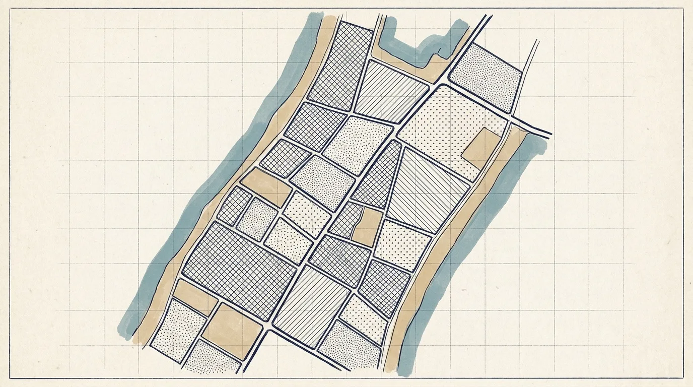 Colour-coded plan drawing splitting a district grid into housing, parks, roads and public blocks