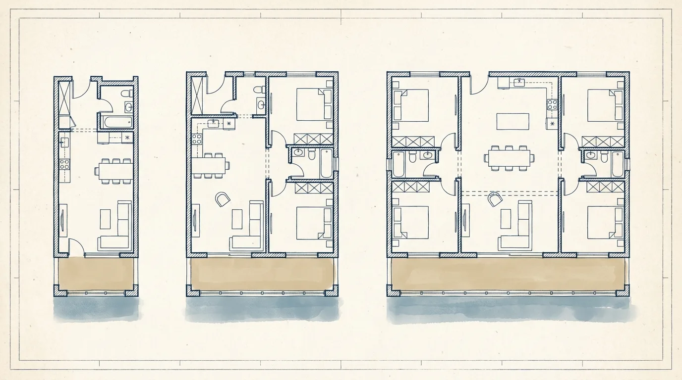 Three apartment floor plans of increasing size drawn side by side