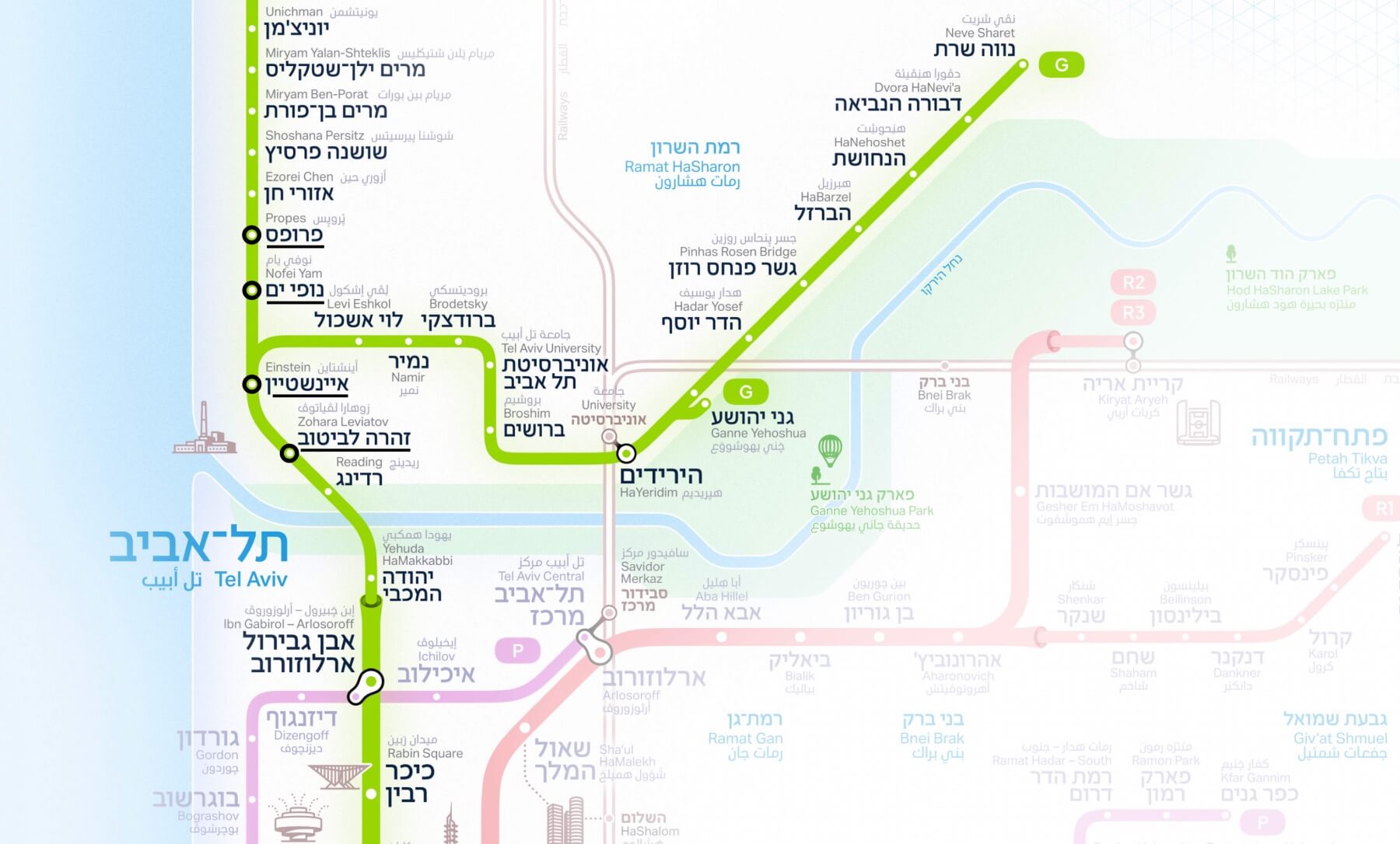 Green Line light-rail map through Sde Dov
