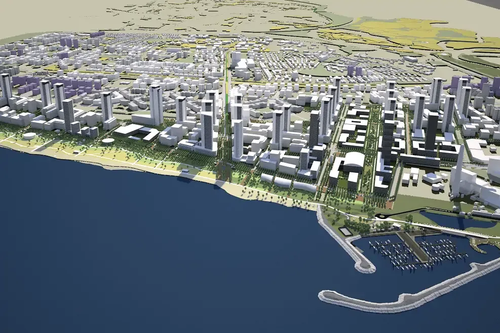 3D model rendering of the planned Sde Dov district with towers, parks, and coastline