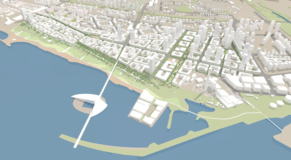 Sde Dov district masterplan map showing three complexes along the coast