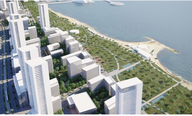 Official rendering of Coastal Park as a green strip between the planned towers and the Mediterranean