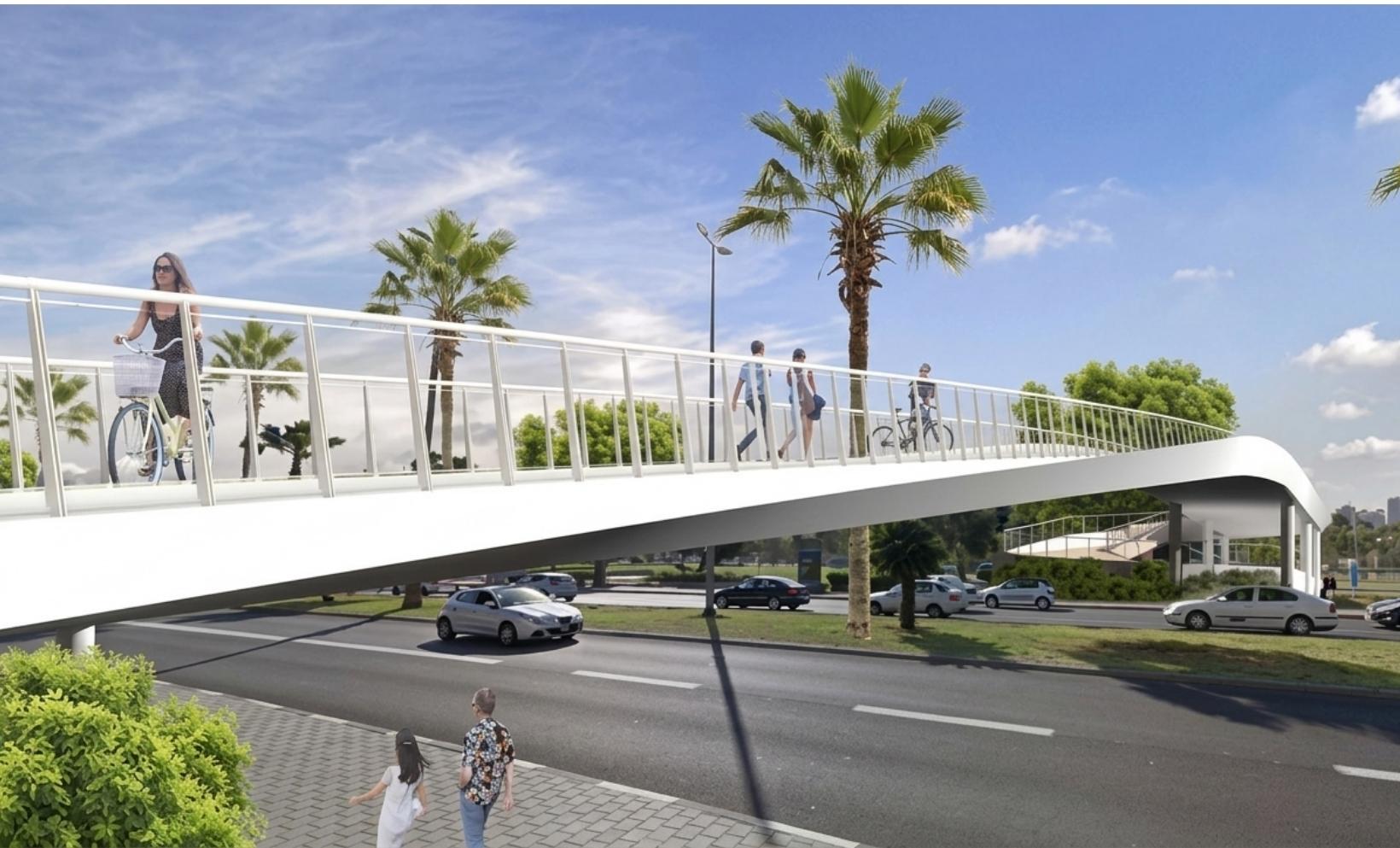 Rendering of a white pedestrian and bicycle bridge over a road, with palms and walkers