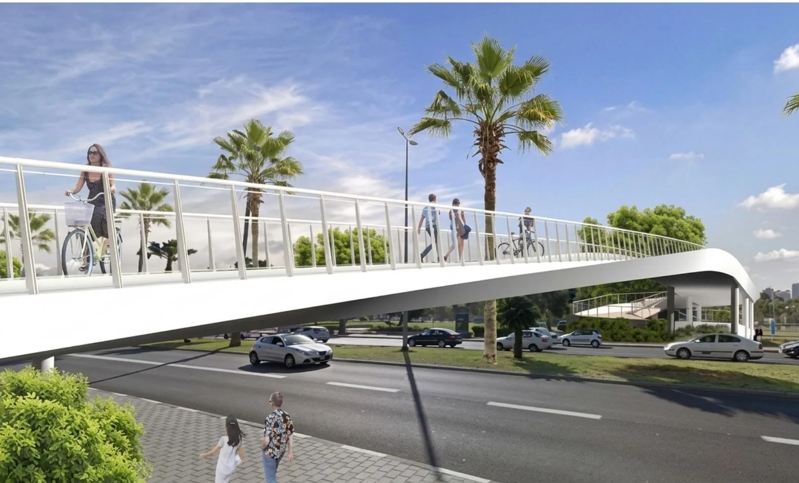 Rendering of a white pedestrian and bicycle bridge over a road, with palms and walkers